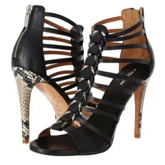 COACH JOSEY WOMEN'S BLACK LEATHER SNAKE HIGH HEELS OPEN TOE SHOES - Picture 16 of 16